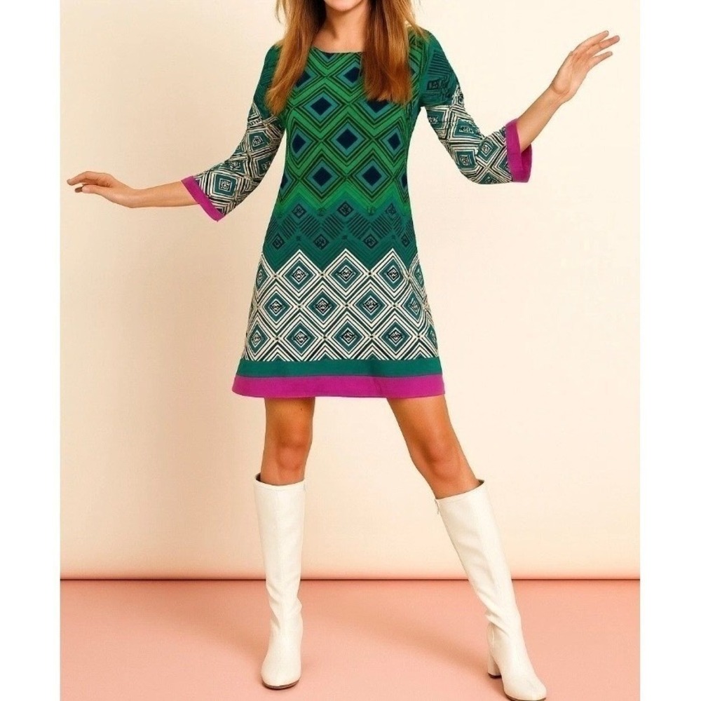 Eliza J Dress Short S/M Green Pink Mod 70s Style Colorful Groovy Retro Party
